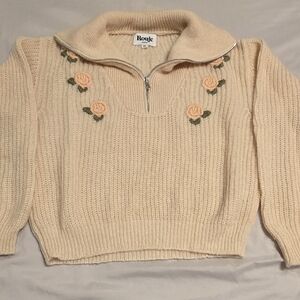 Rouje Cream Embroidered Women's Half-Zip Sweater